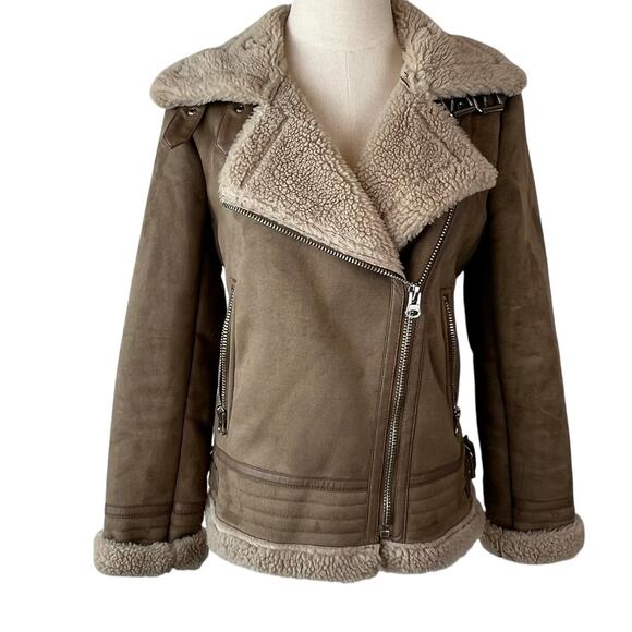 Zara Faux Shearling Lined Moto Jacket size XS Buckles Zipper Beige Aviator - Picture 1 of 11
